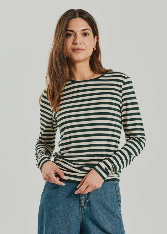 Gestreepte longsleeve top met ronde hals, donker groen/offwhite strepen