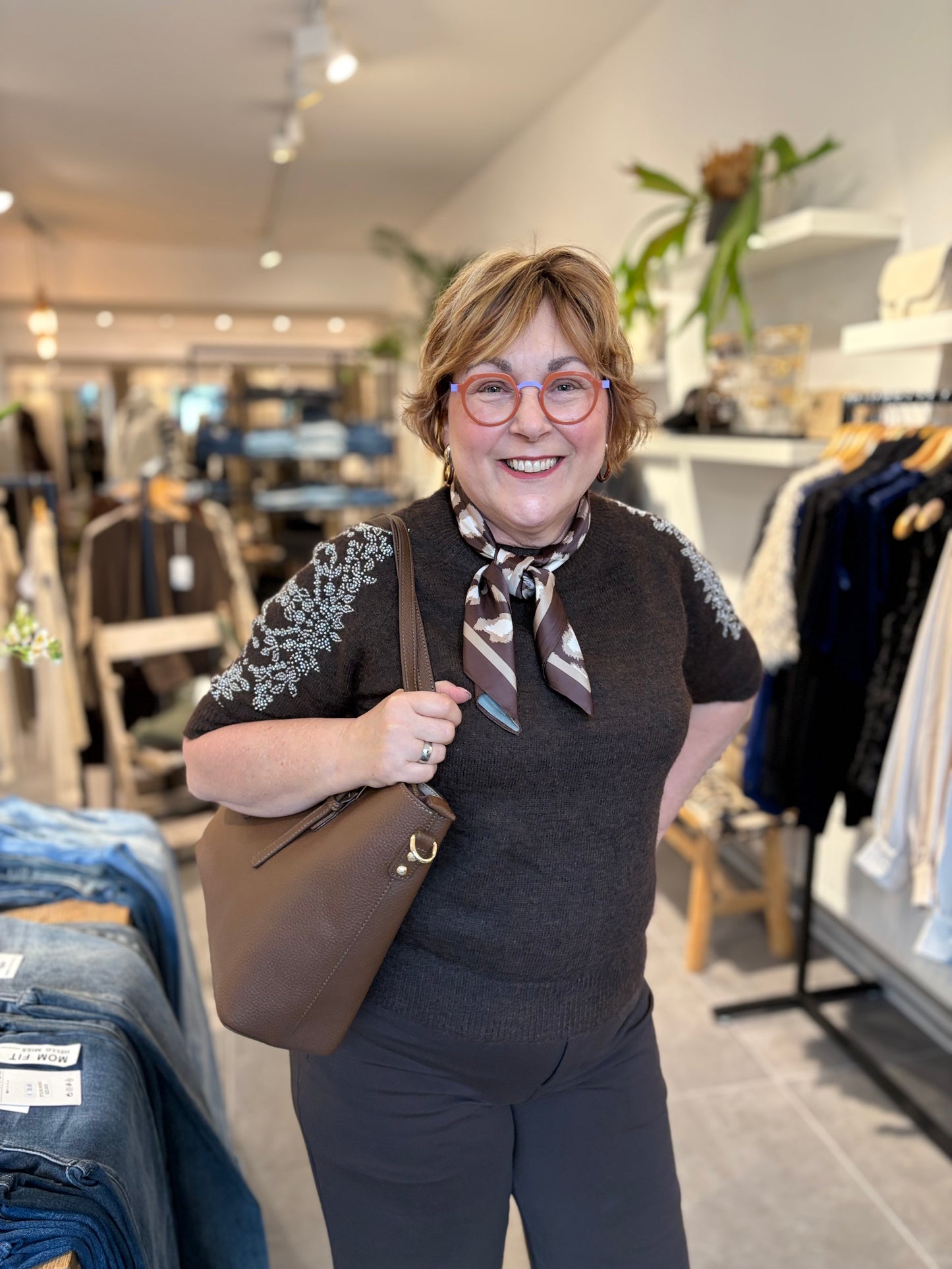 Moewy trui korte mouw/glitter bruin melange