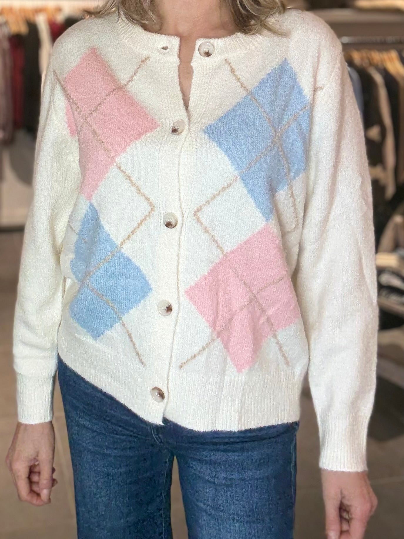 Moocci vest ruit ecru/roze/blauw