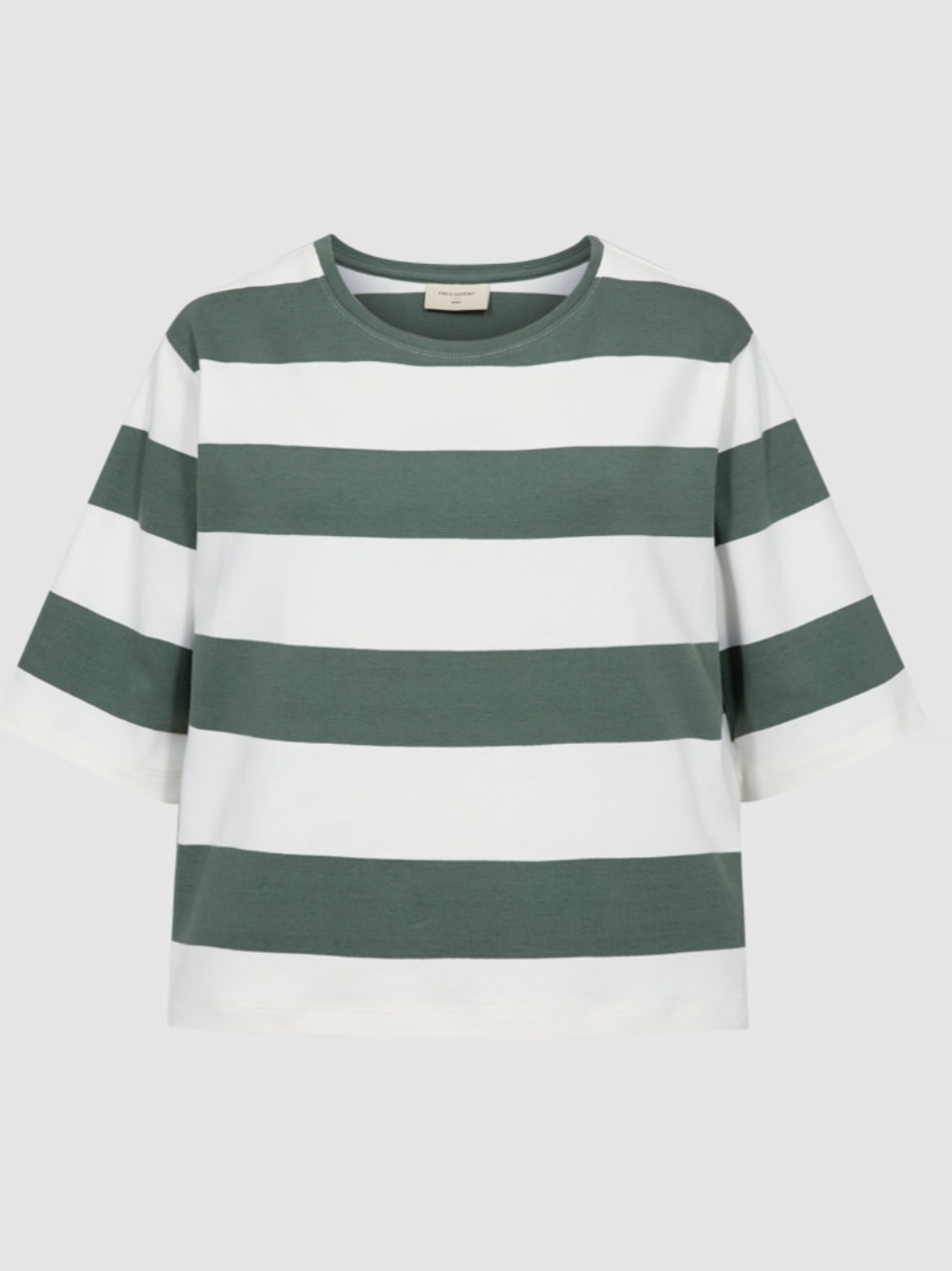 T-shirt  met brede streep in offwhite bosgroen van Freequent