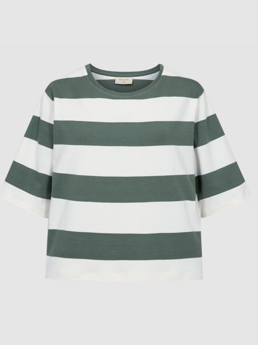 T-shirt  met brede streep in offwhite bosgroen van Freequent