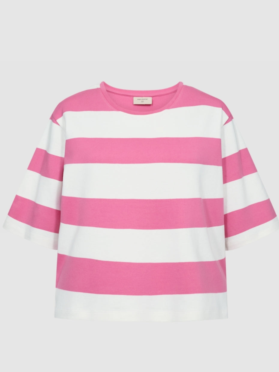 T-shrit met brede strepen in roze met offwhite van Freequent