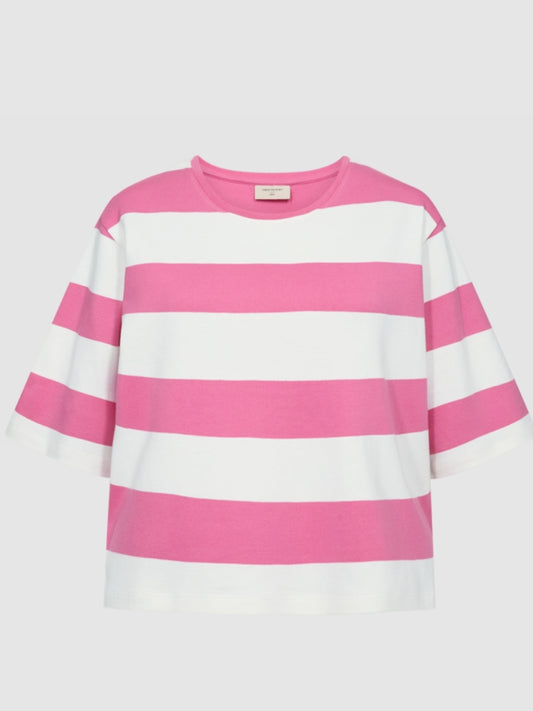 T-shrit met brede strepen in roze met offwhite van Freequent