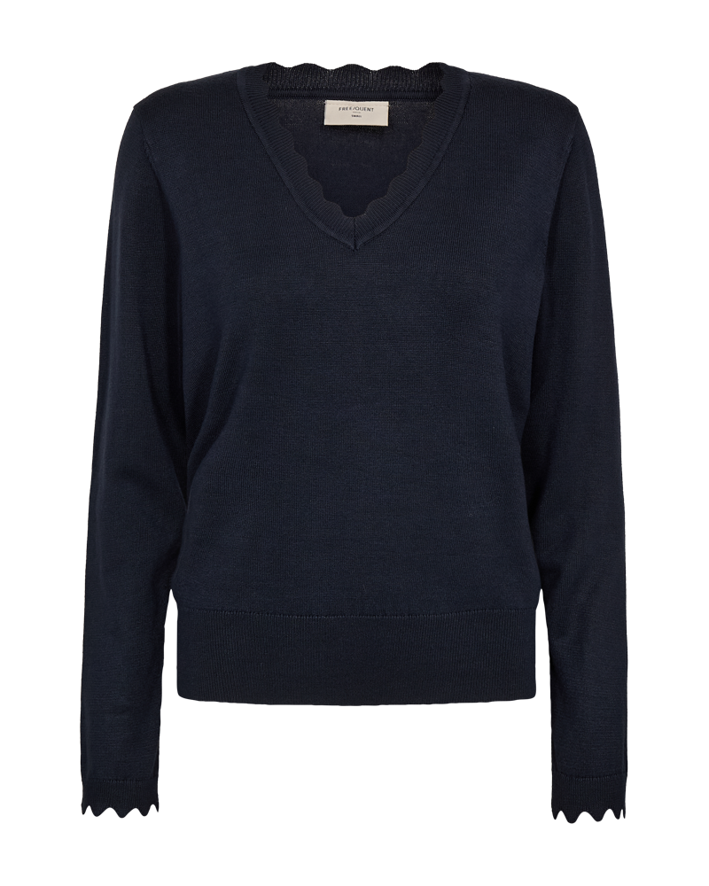 Viscose trui met V-hals met geschulpte rand in donkerblauw van Freequent