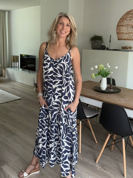 Vanto jurk print strik blauw/offwhite