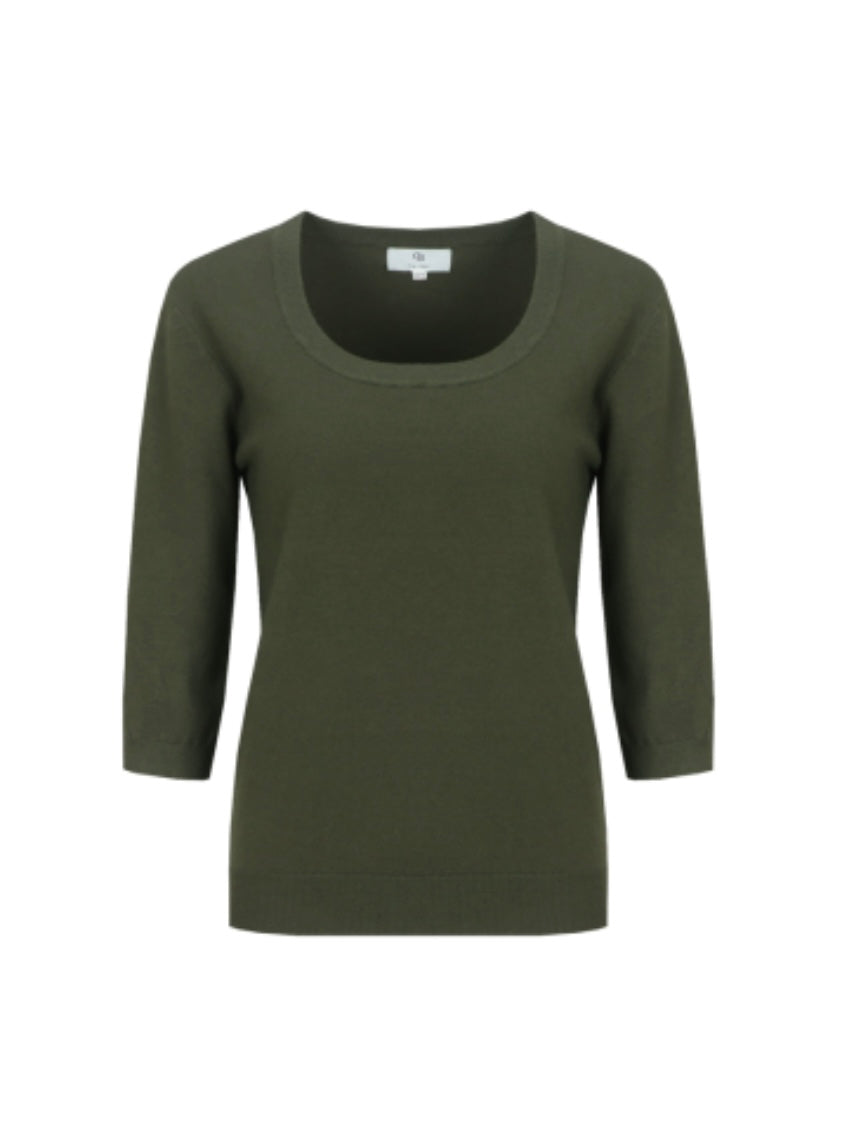 CS The Label knit trui dark olive met ronde hals en driekwartsmouwen