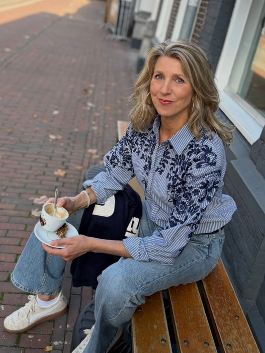 Archie Love blouse streep/bloem borduur blauw/wit
