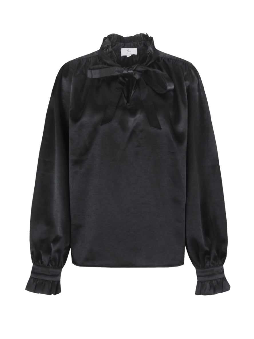 Zwarte CS The Label blouse met strik bij de hals en geribbelde manchetten