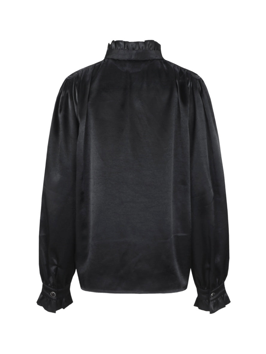 Zwarte CS The Label blouse met opstaande kraag en lange mouwen met ruches