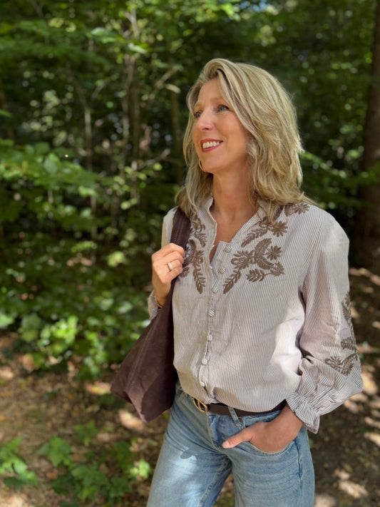Archie Love blouse streep/bloem borduur taupe/offwhite