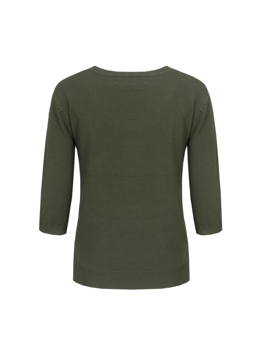 CS The Label knit trui dark olive met ronde hals en driekwartsmouwen (achter)