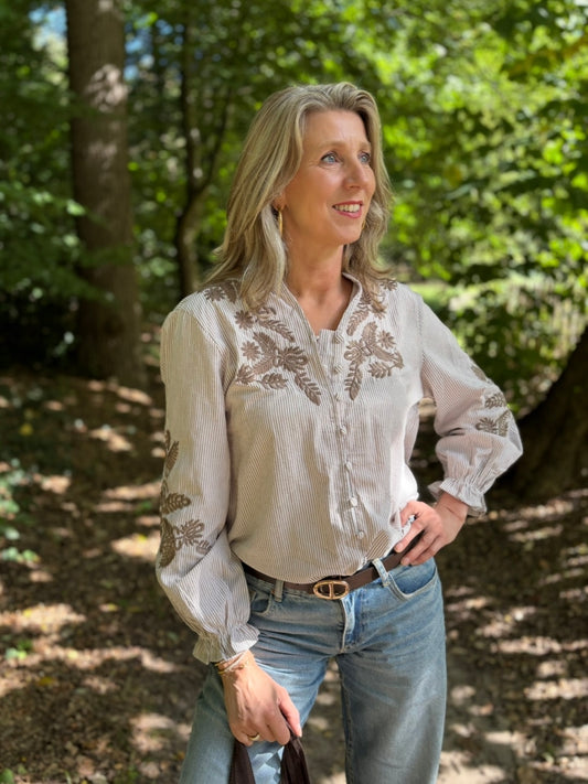 Archie Love blouse streep/bloem borduur taupe/offwhite