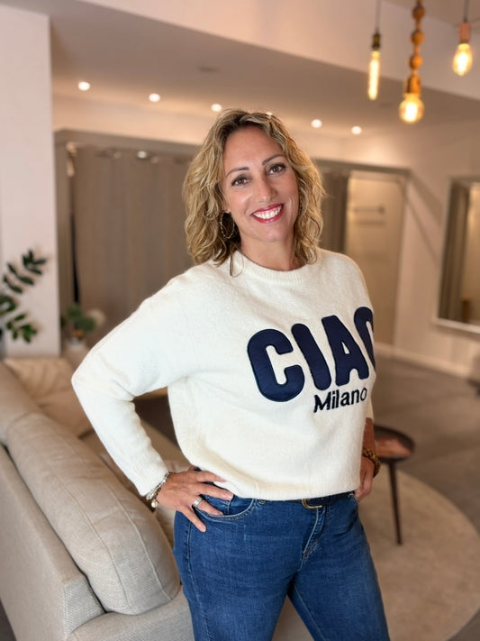 Ikoone & Bianka trui CIAO offwhite/blauw
