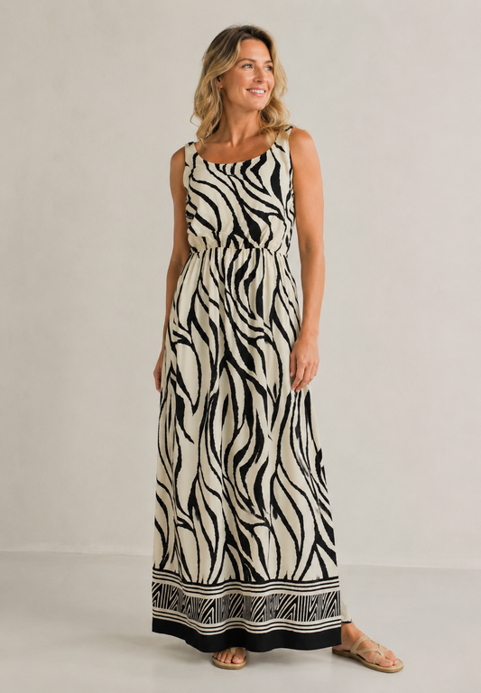 Maxijurk met zebrapatroon, mouwloze bandjes en ronde hals, lange zoom