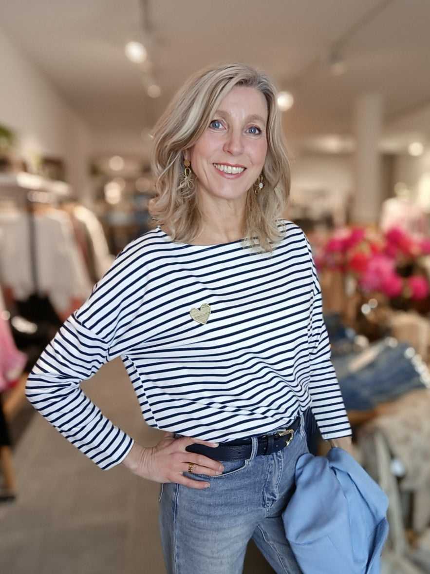 Emma Ella top streep hartje offwhite/donkerblauw