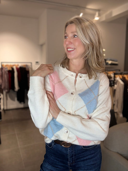 Vest met grote ruiten in ecru roze en blauw