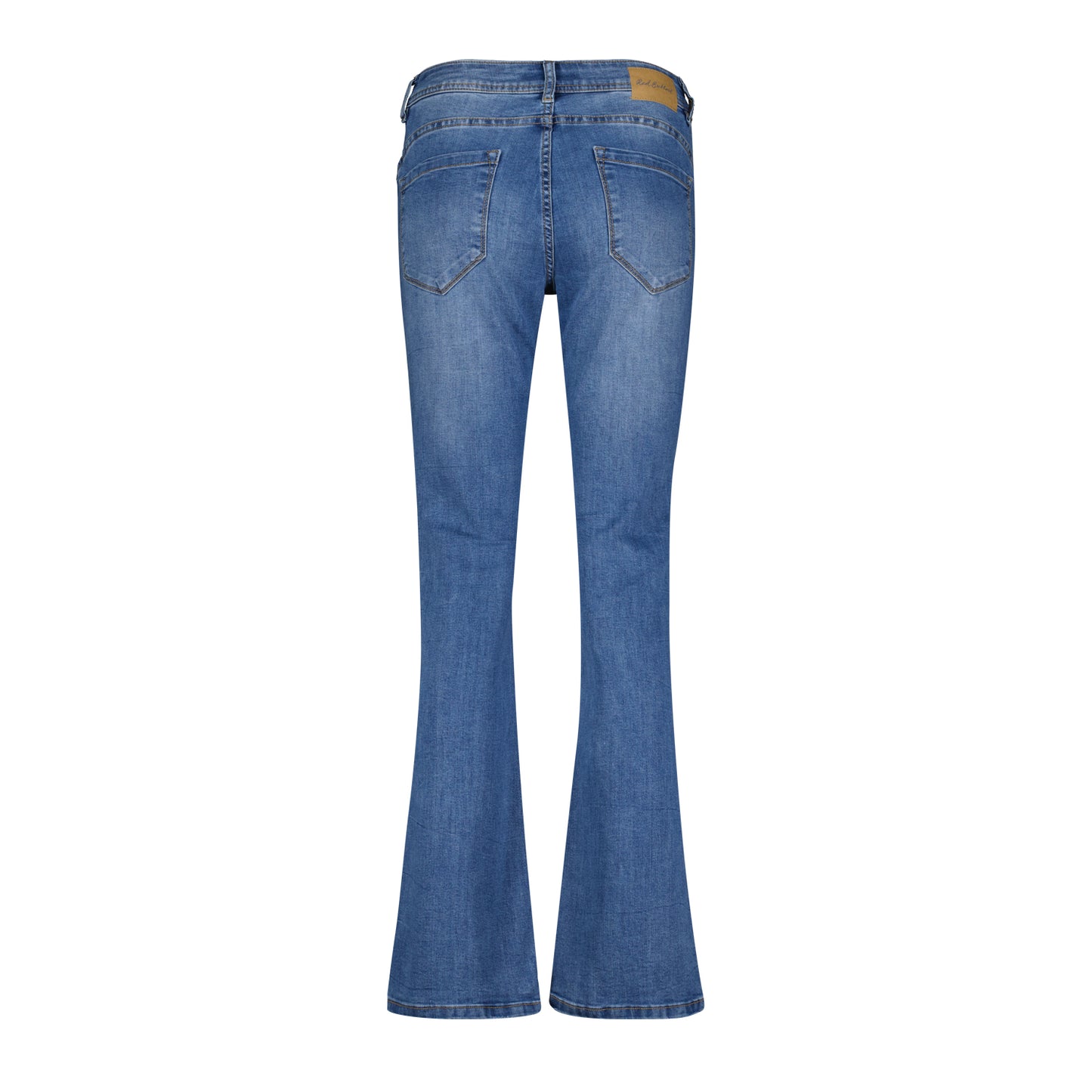Uitlopende jeans in blauw denim met achterzakken en riemlussen, lichte stonewash.