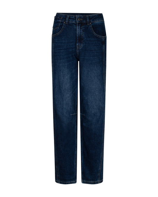 Jeans met rechte pijpen, donkerblauw denim, achterzakken en riemlussen