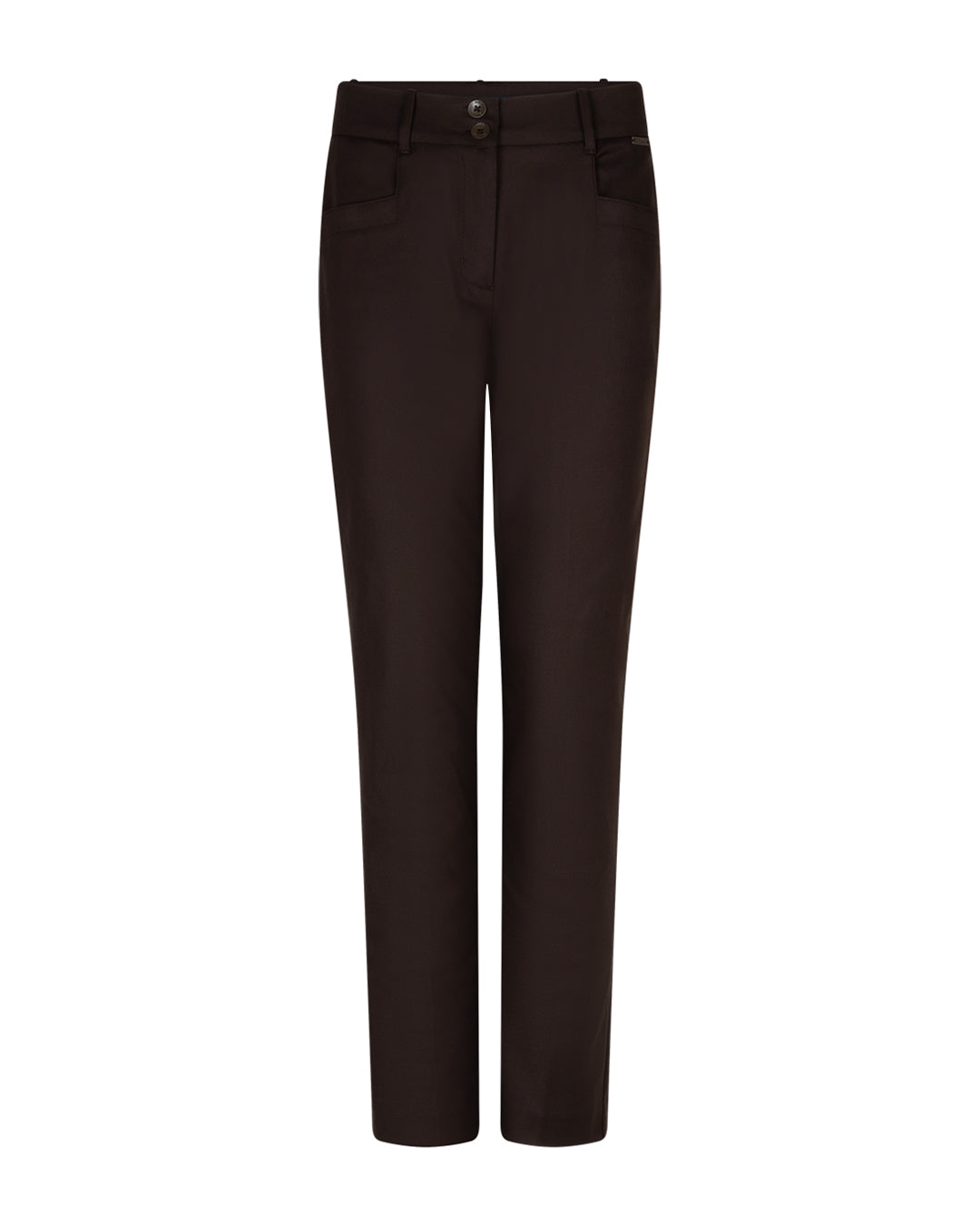 Donkere smart broek met knoopsluiting, riemlussen en schuine steekzakken