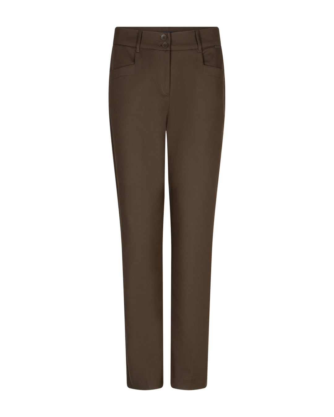 Donkere bruine smart broek met knoopsluiting en rechte, strakke pijpen