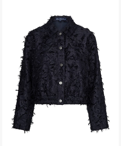 Navy jasje met knopen en franjes, opstaande kraag, cropped