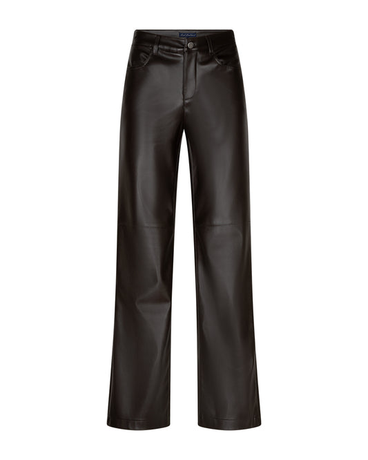 Imitatielederen broek met wijde pijpen, donkerbruin, knoop- en ritssluiting