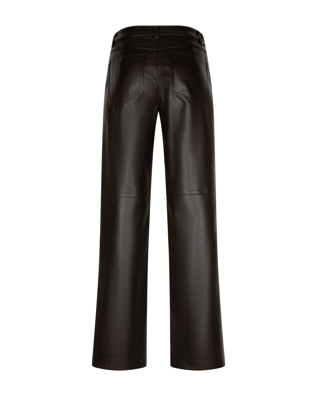 Imitatielederen broek met wijde pijpen, donkerbruin, achterzakken en riemlussen