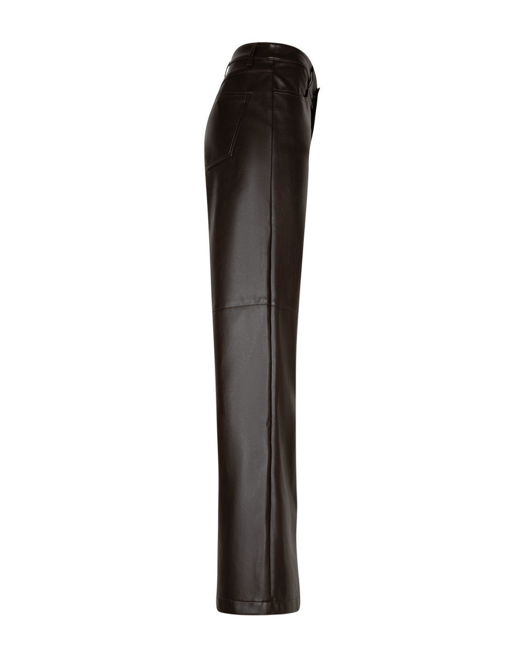 Imitatielederen broek met wijde pijpen, donkerbruin, zijkant met langsnaad