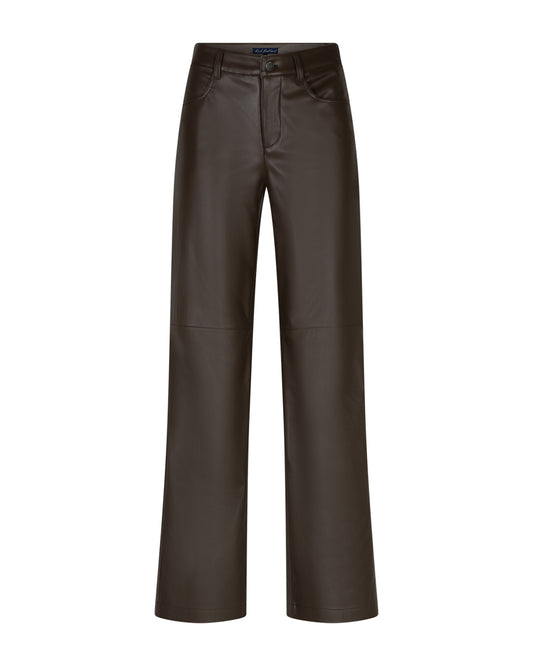 Faux lederen broek met wijde pijpen, hoge taille en knoop-ritssluiting, donkerbruin