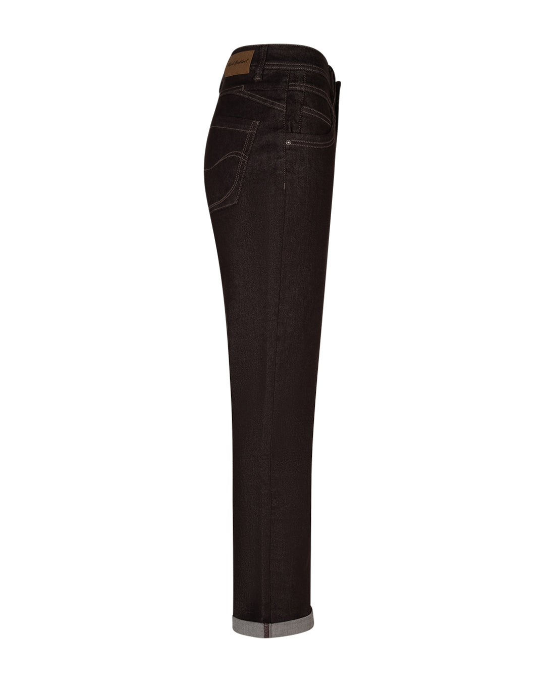 Donkere jeans met rechte pijpen en riemlussen, zijkant met stiksels