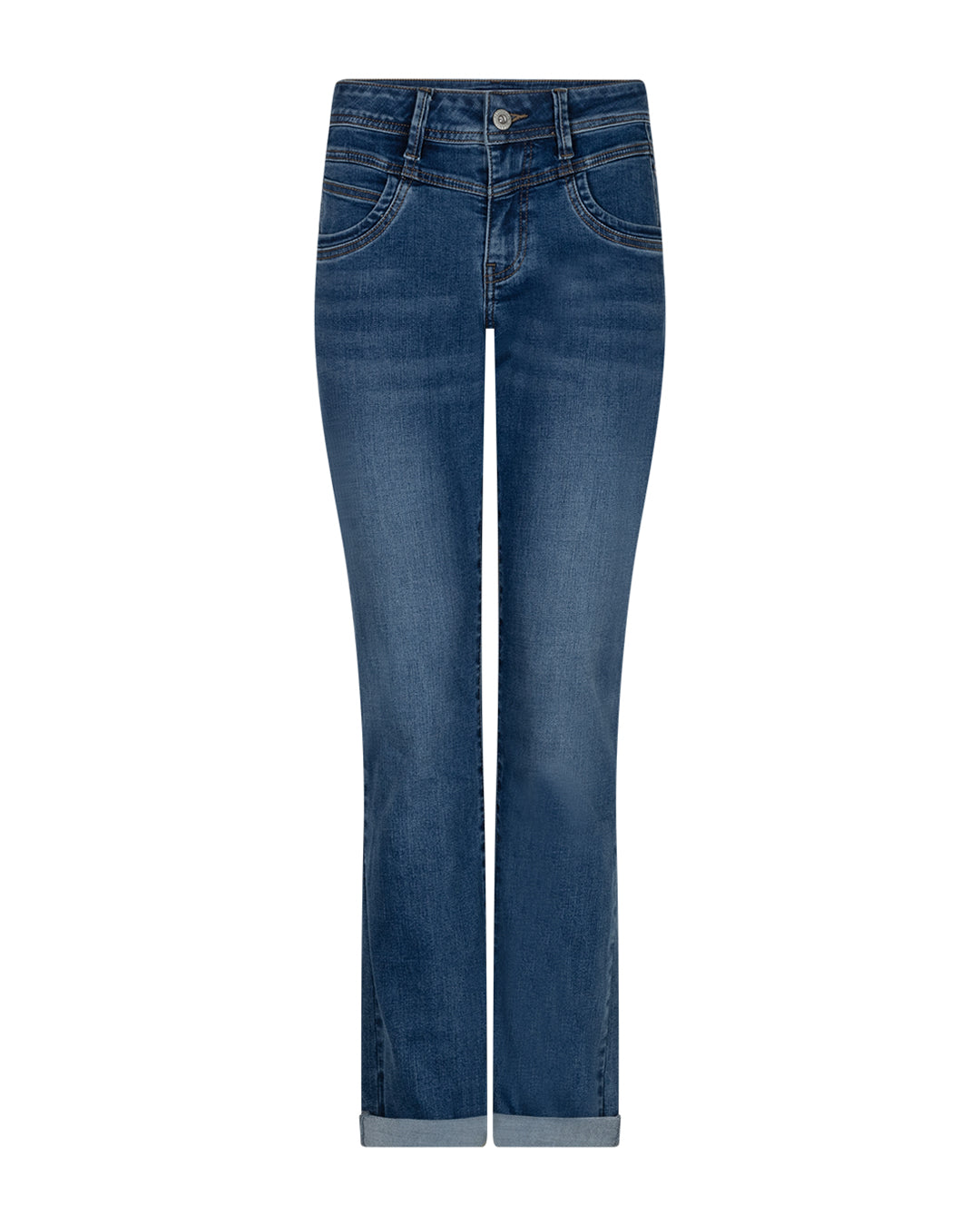 Donkerblauwe jeans met knoopsluiting en 5 zakken, rechte pijpen.