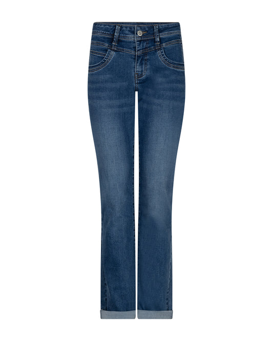Donkerblauwe jeans met knoopsluiting en 5 zakken, rechte pijpen.