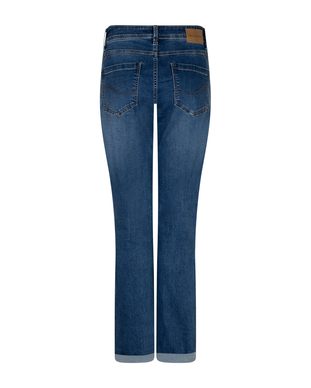 Donkerblauwe jeans achteraanzicht met twee achterzakken en riemlussen.
