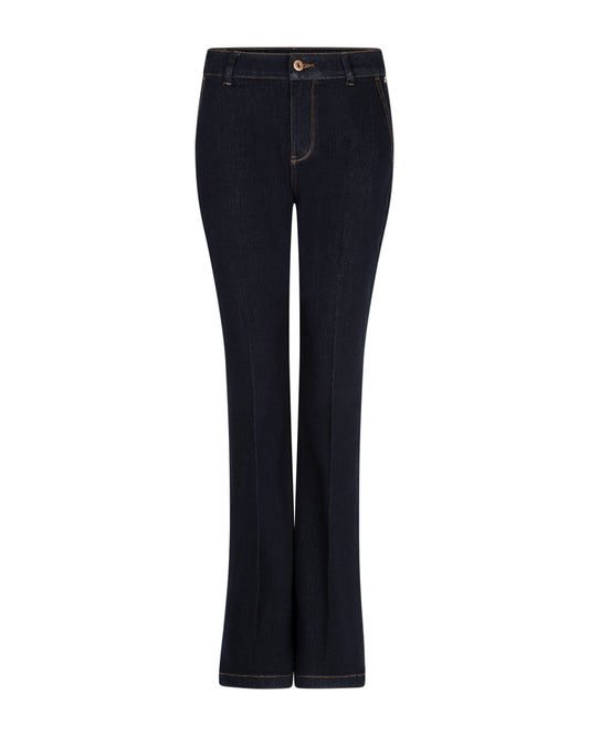 Donkerblauwe bell-bottom jeans met knoopsluiting en riemlussen