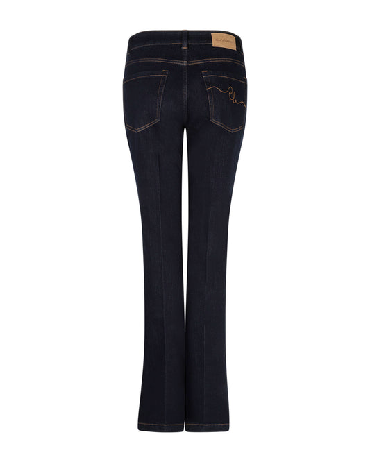 Donkerblauwe bell-bottom jeans met achterzakken en sierstiksel