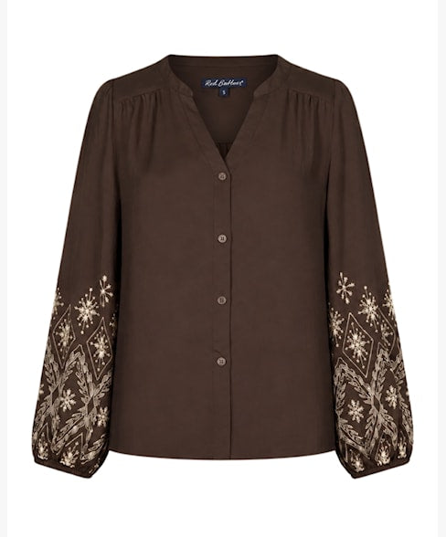 Red Button blouse Embroidery espresso