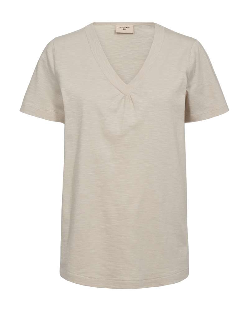 Freequent T-shirt lichtbeige met V-hals en korte mouwen