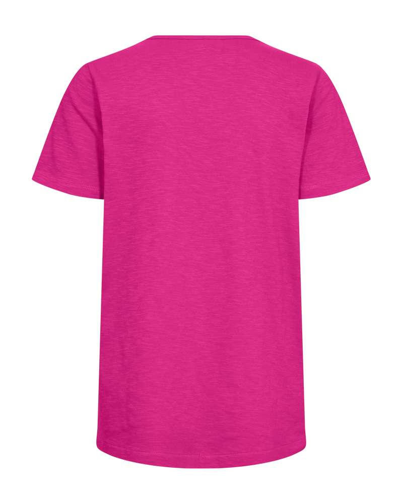 Fuchsia T-shirt met ronde hals achteraan en korte mouwen