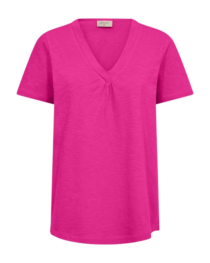 Fuchsia T-shirt met V-hals en korte mouwen, rimpel bij de hals