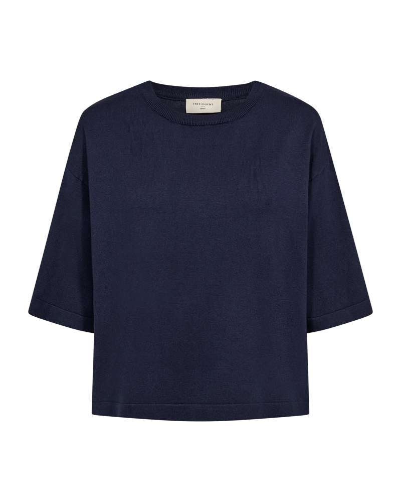 Freequent trui navy met ronde hals en korte mouwen, merklabeI zichtbaar