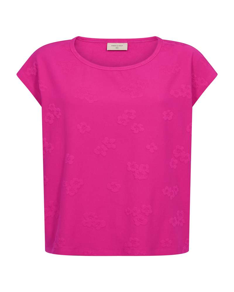 Fuchsia T-shirt met ronde hals, korte mouwen en all-over reliëfprint