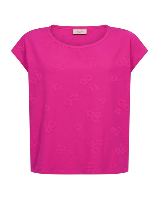 Fuchsia T-shirt met ronde hals, korte mouwen en all-over reliëfprint