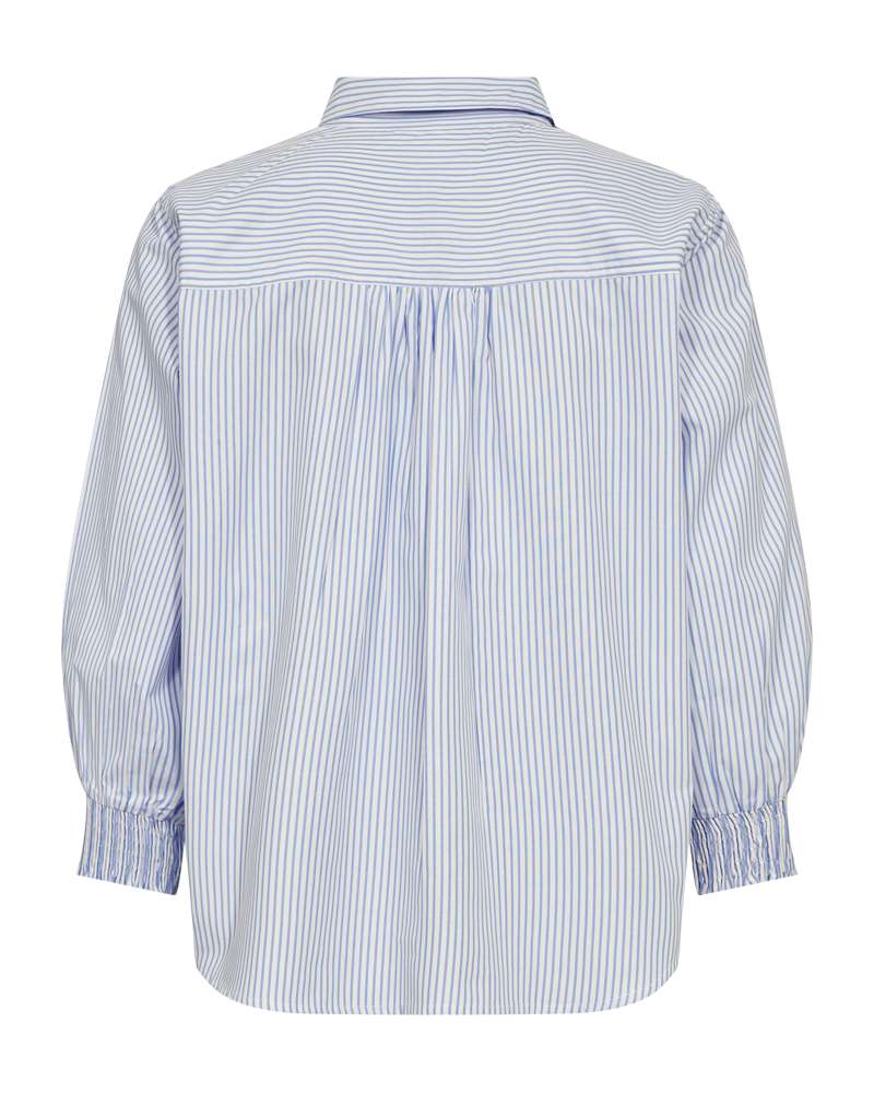 Blauwwitte gestreepte blouse met ruches op de rug, lange mouwen
