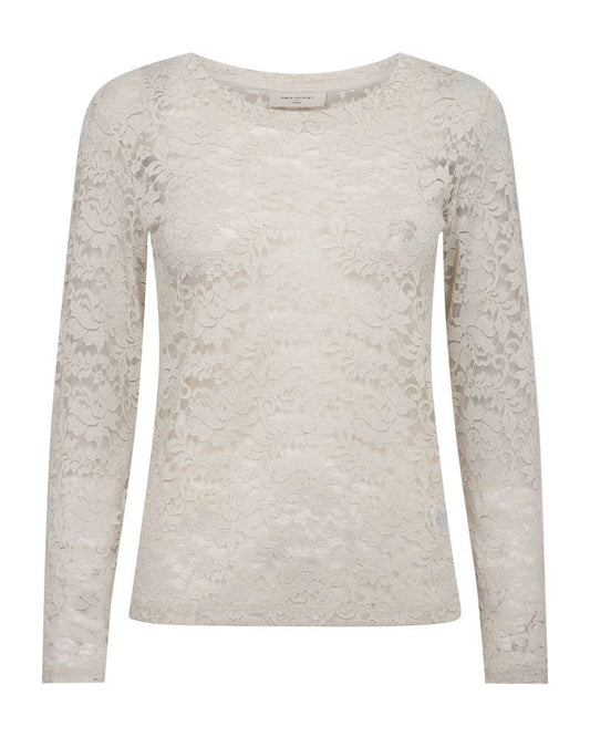 Freequent kant top met lange mouwen en ronde hals, all-over bloemenkant