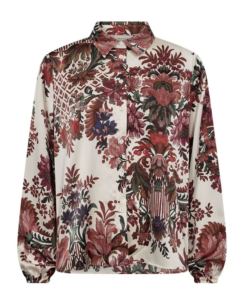 Voorkant blouse met bloemenprint, knopen en opstaande kraag, lange mouwen