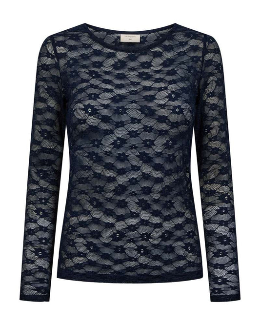 Freequent top Ibena, donkerblauwe kanten top met lange mouwen en ronde hals