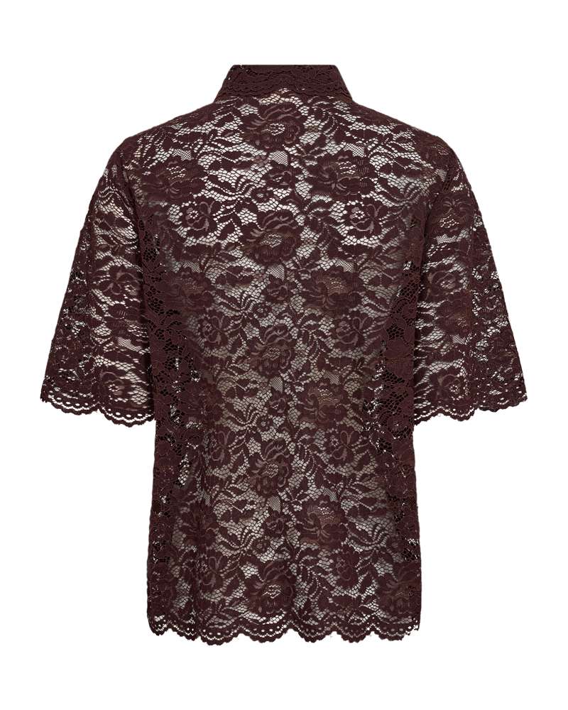 Kanten blouse met opstaande kraag en korte mouwen, donker bordeaux, achteraanzicht