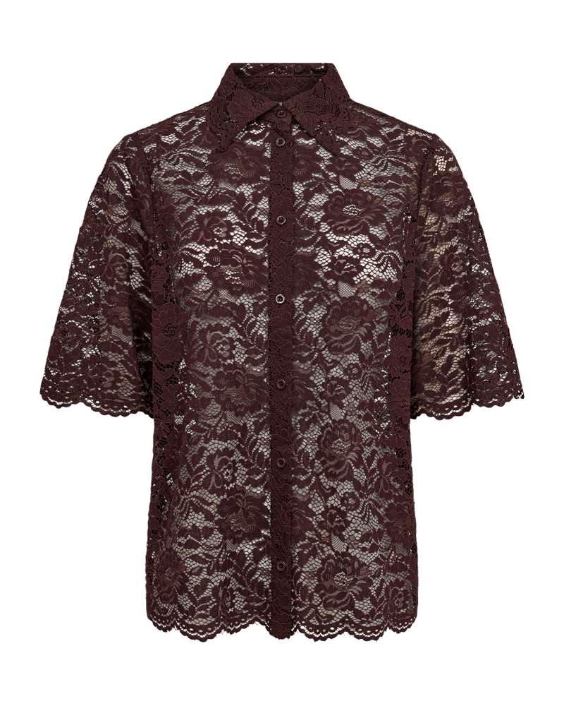 Kanten blouse met knoopsluiting en opstaande kraag, korte mouwen, donker bordeaux patroon