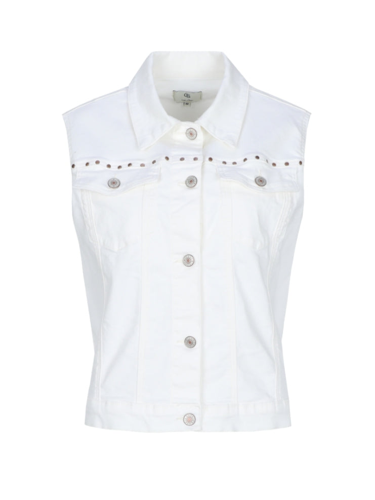 Offwhite gilet vooraan met knopen, borstzakken en studs langs de schouderkraag