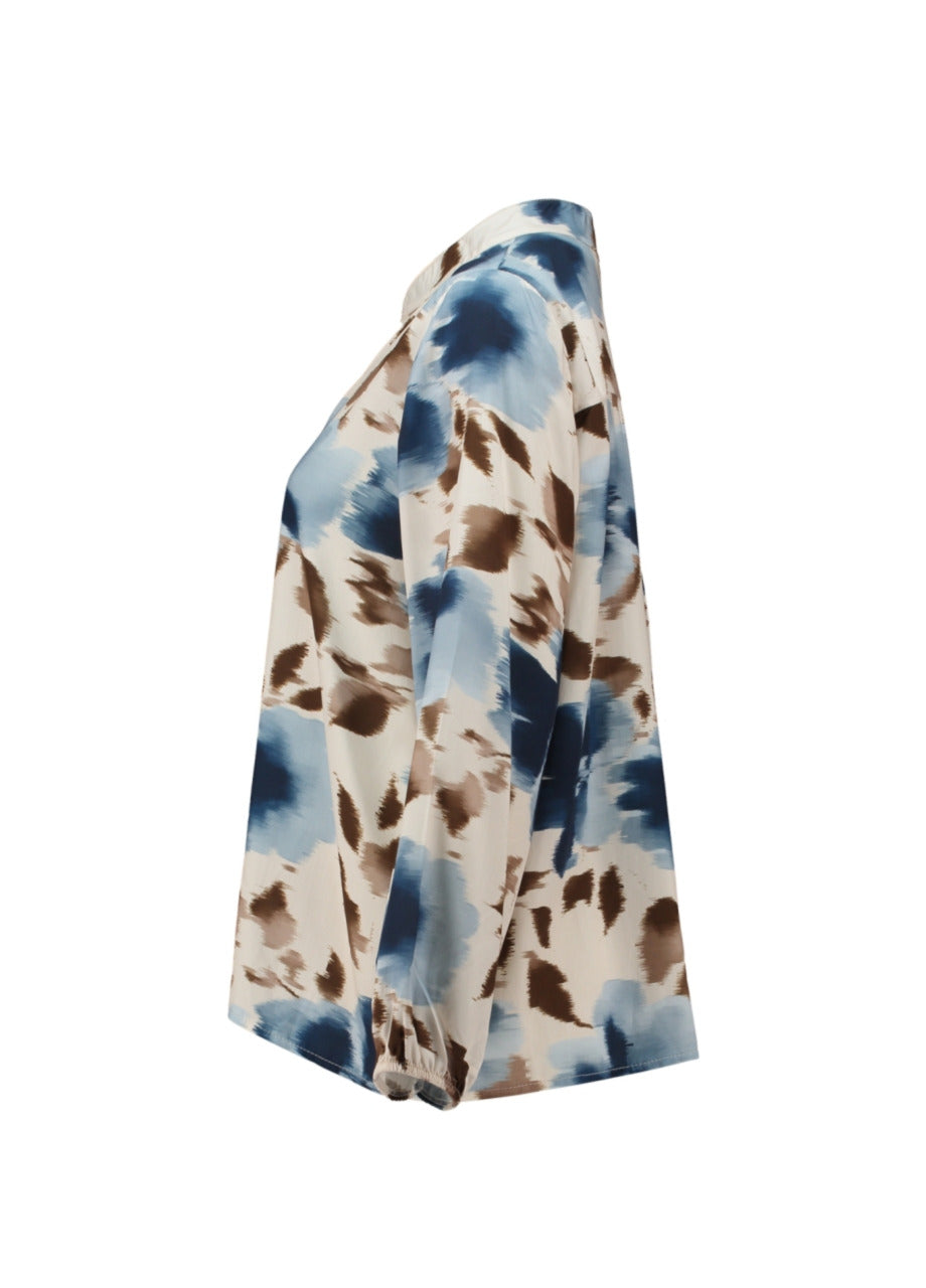 Blouse met lange mouwen en all-over dierenprint in blauw en bruin, lichtvallende stof